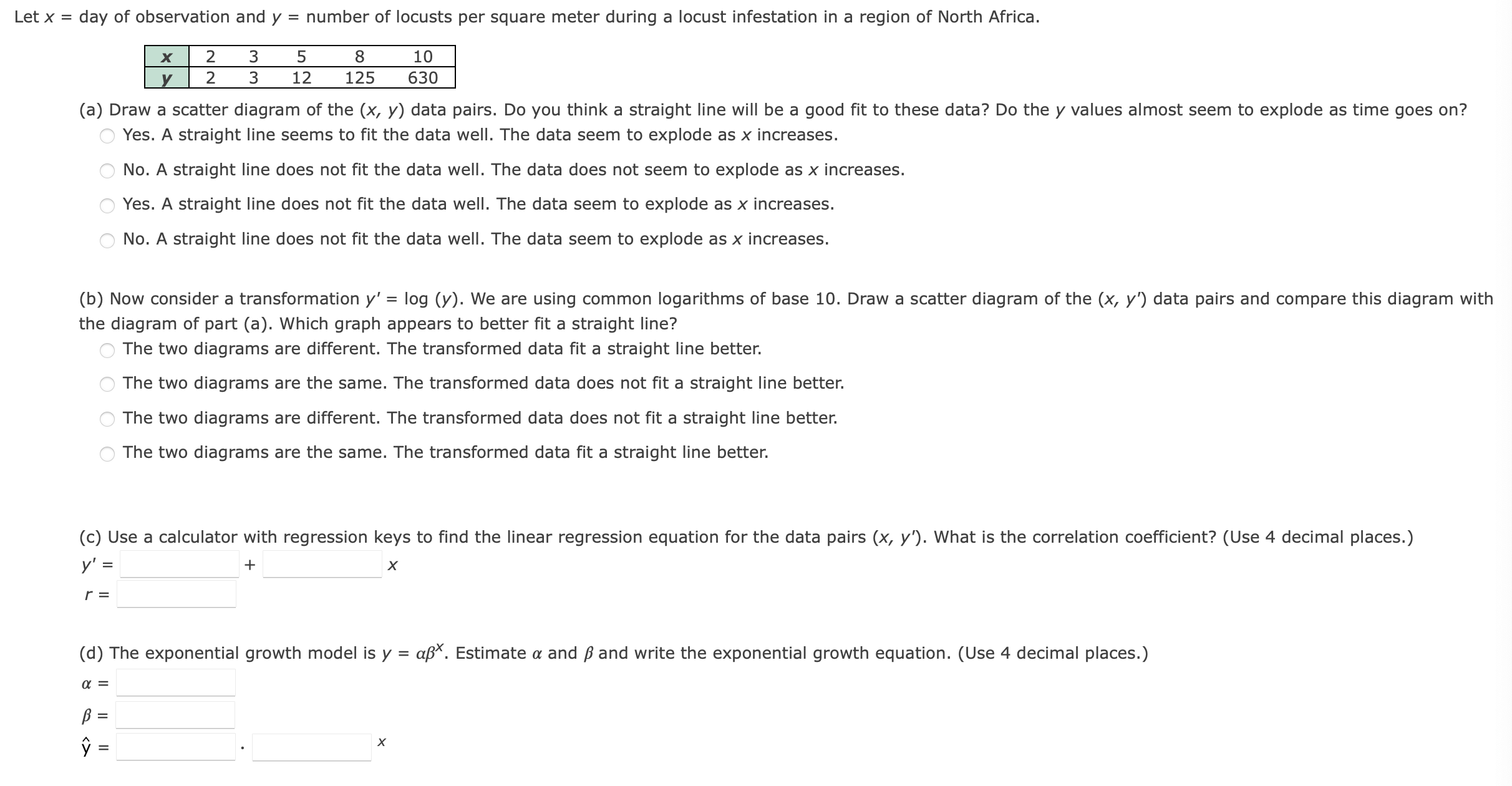 Solved Let x = day of observation and y = number of locusts | Chegg.com