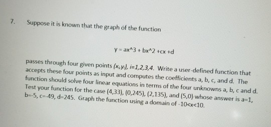 Solved 7 Suppose Known Graph Function Y Ax 3 Bx 2 Cx D Passes Four Given Points X Y 1 2 3 4 Write Q Coursehigh Grades