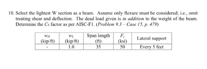 Solved 10. Select the lightest W section as a beam. Assume | Chegg.com