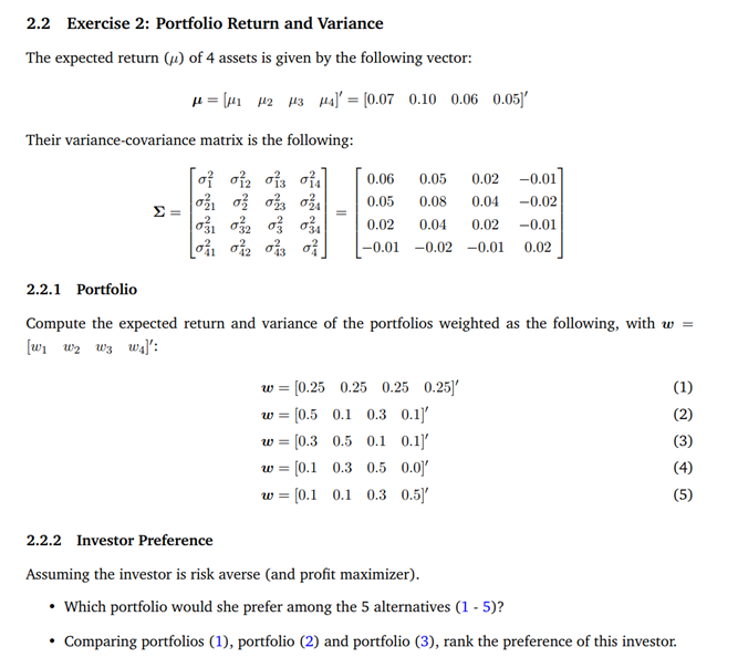 2.2 Exercise 2: Portfolio Return and Variance The | Chegg.com