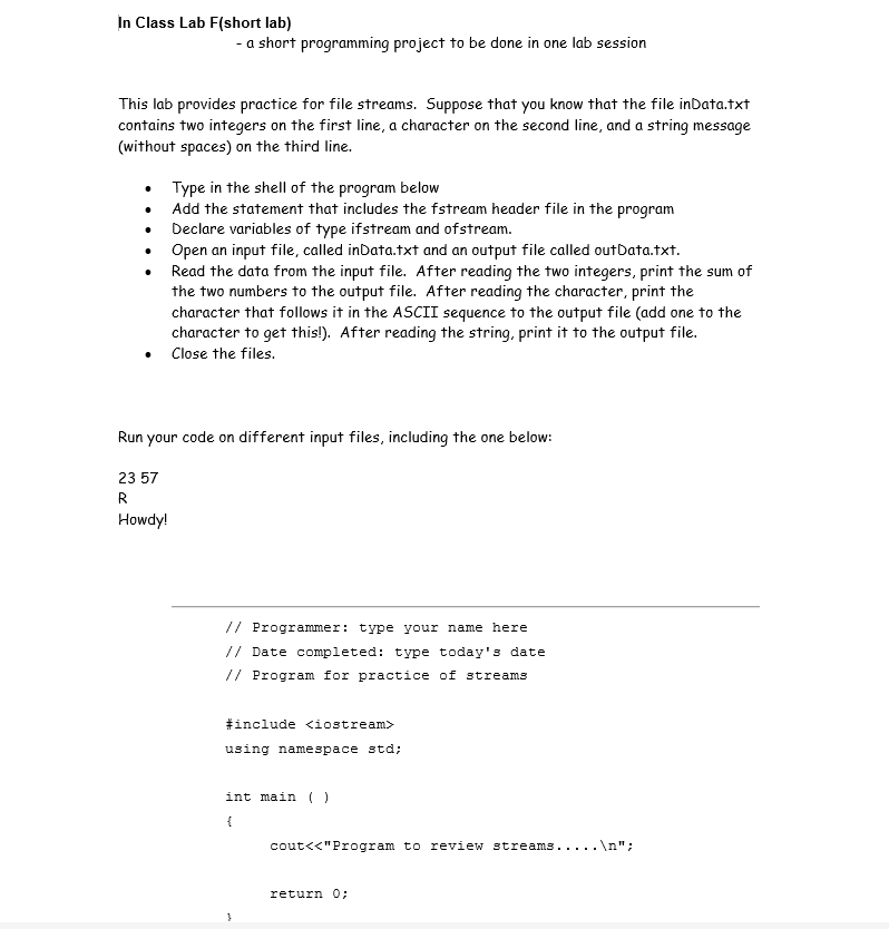 Solved In Class Lab F(short lab) - a short programming | Chegg.com