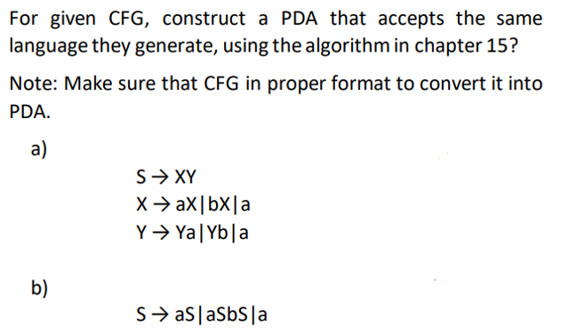 Solved For Given CFG, Construct A PDA That Accepts The Same | Chegg.com