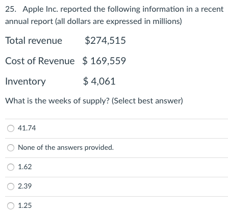 Solved 25. Apple Inc. Reported The Following Information In | Chegg.com