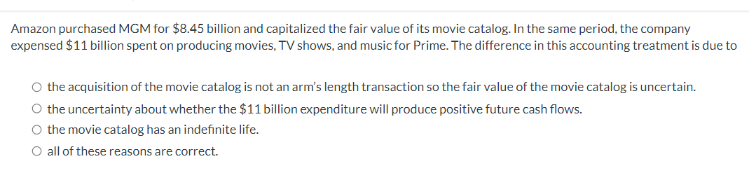 Solved Amazon purchased MGM for $8.45 ﻿billion and | Chegg.com