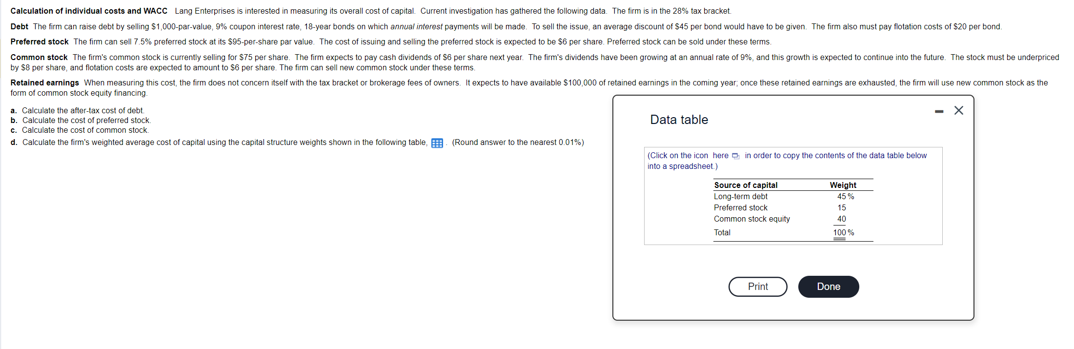 Solved Calculation Of Individual Costs And WACC Lang | Chegg.com