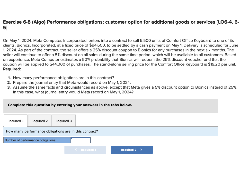 Solved Exercise 6-8 (Algo) Performance Obligations; Customer | Chegg.com