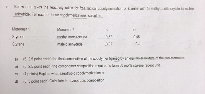 Solved 2. Below data gives the reactivity ratios for free | Chegg.com