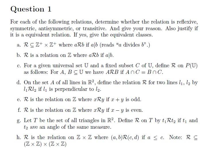 Solved Question 1 For Each Of The Following Relations, | Chegg.com