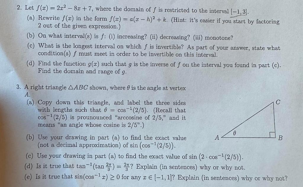 Solved 2 Let F X 2x2−8x 7 Where The Domain Of F Is