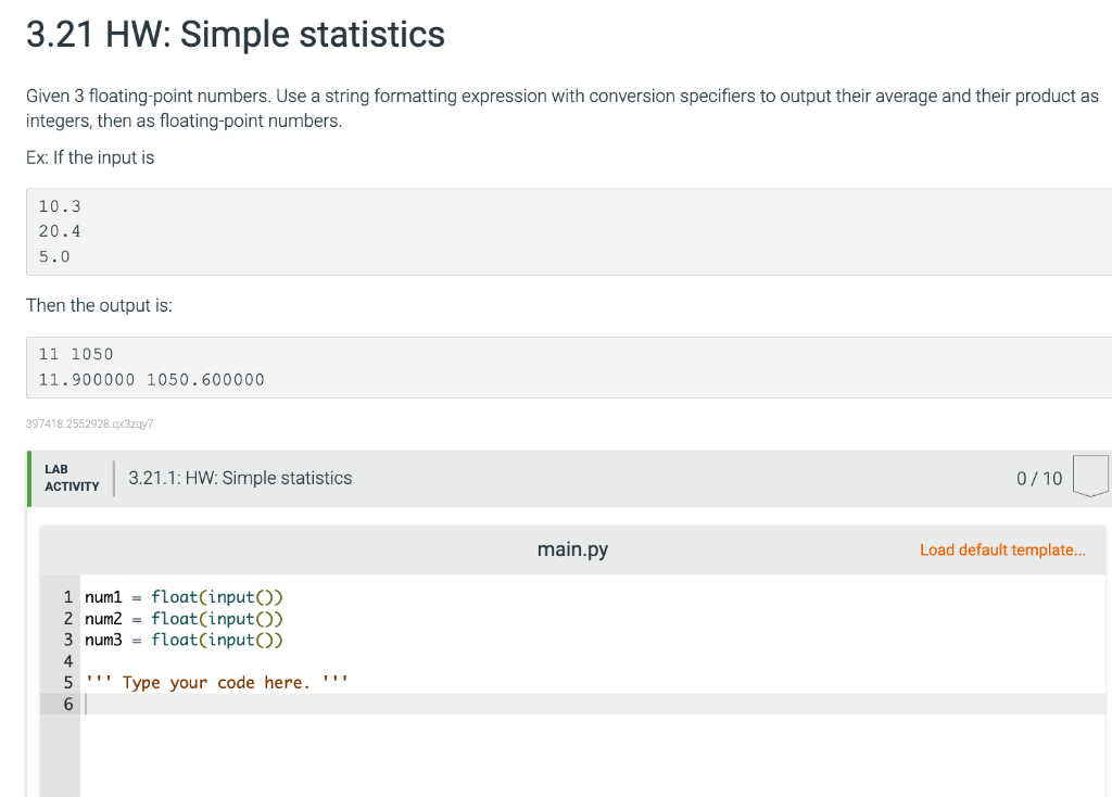 Solved 3.21 HW: Simple statistics Given 3 floating-point | Chegg.com