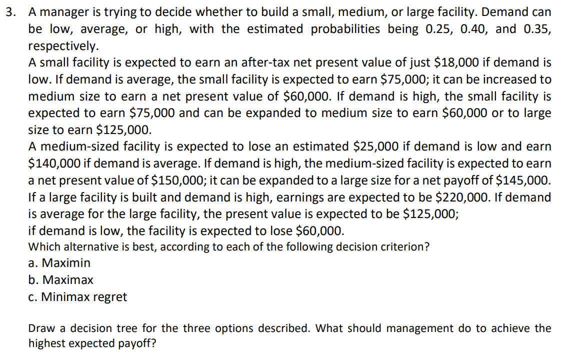 Solved A manager is trying to decide whether to build a | Chegg.com