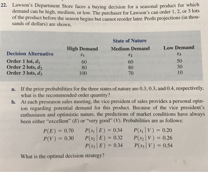 Solved 22. Lawson's Department Store faces a buying decision