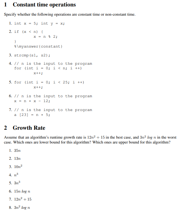Solved 1 Constant time operations Specify whether the | Chegg.com
