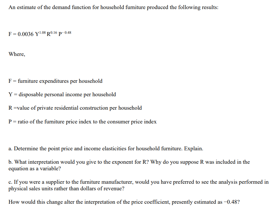 Solved An estimate of the demand function for household | Chegg.com