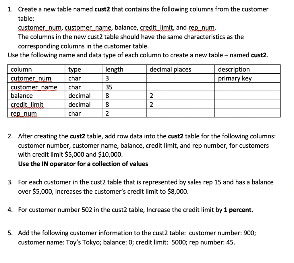 Solved 1. Create a new table named cust2 that contains the | Chegg.com