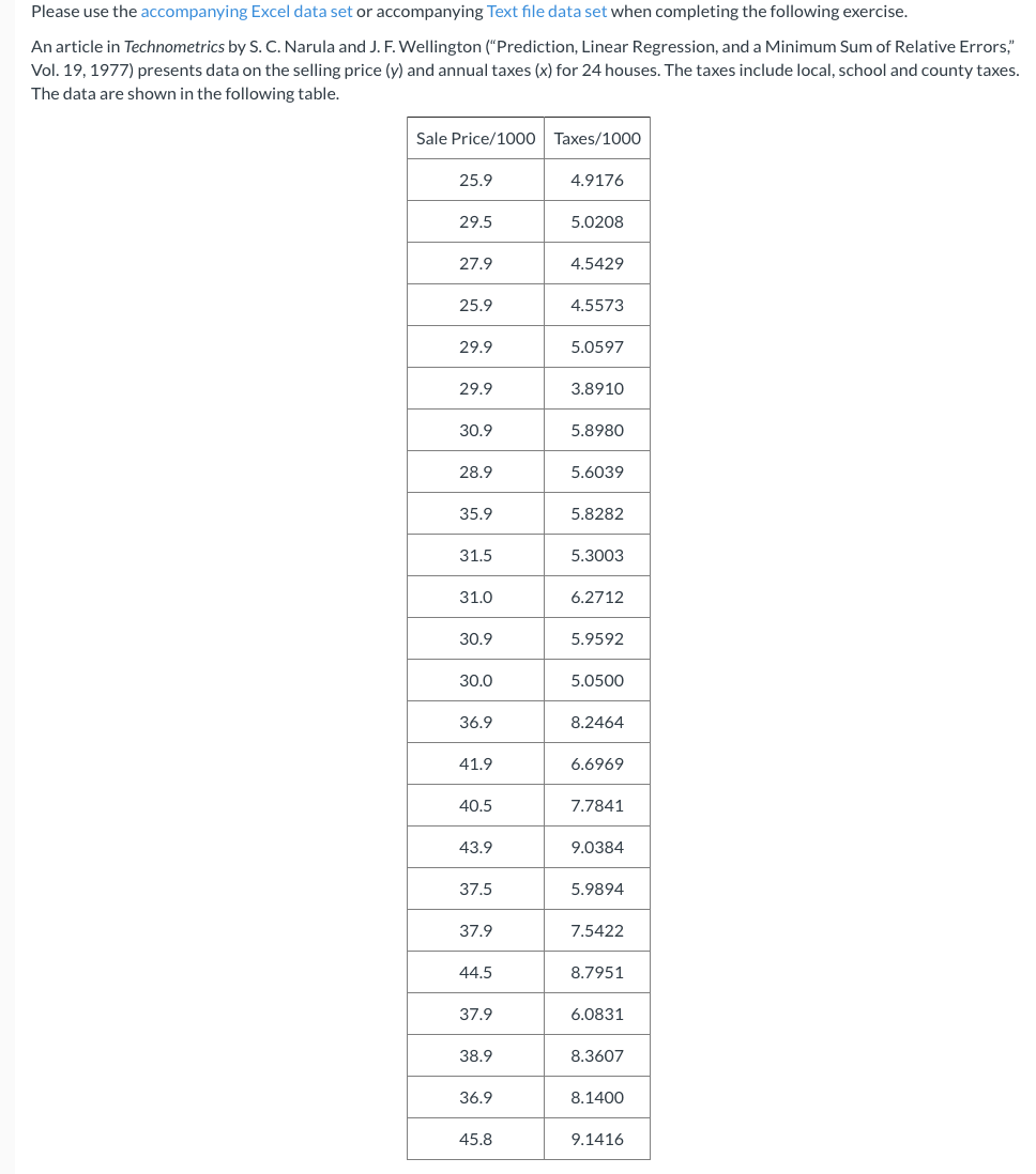 Solved Please use the accompanying Excel data set or | Chegg.com