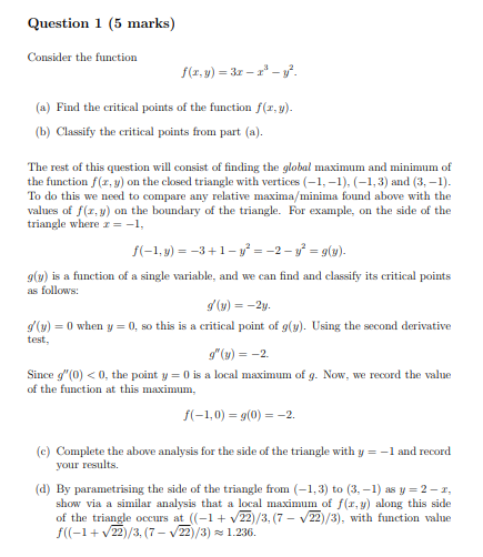 Solved Question 1 5 Marks Consider The Function F X Y