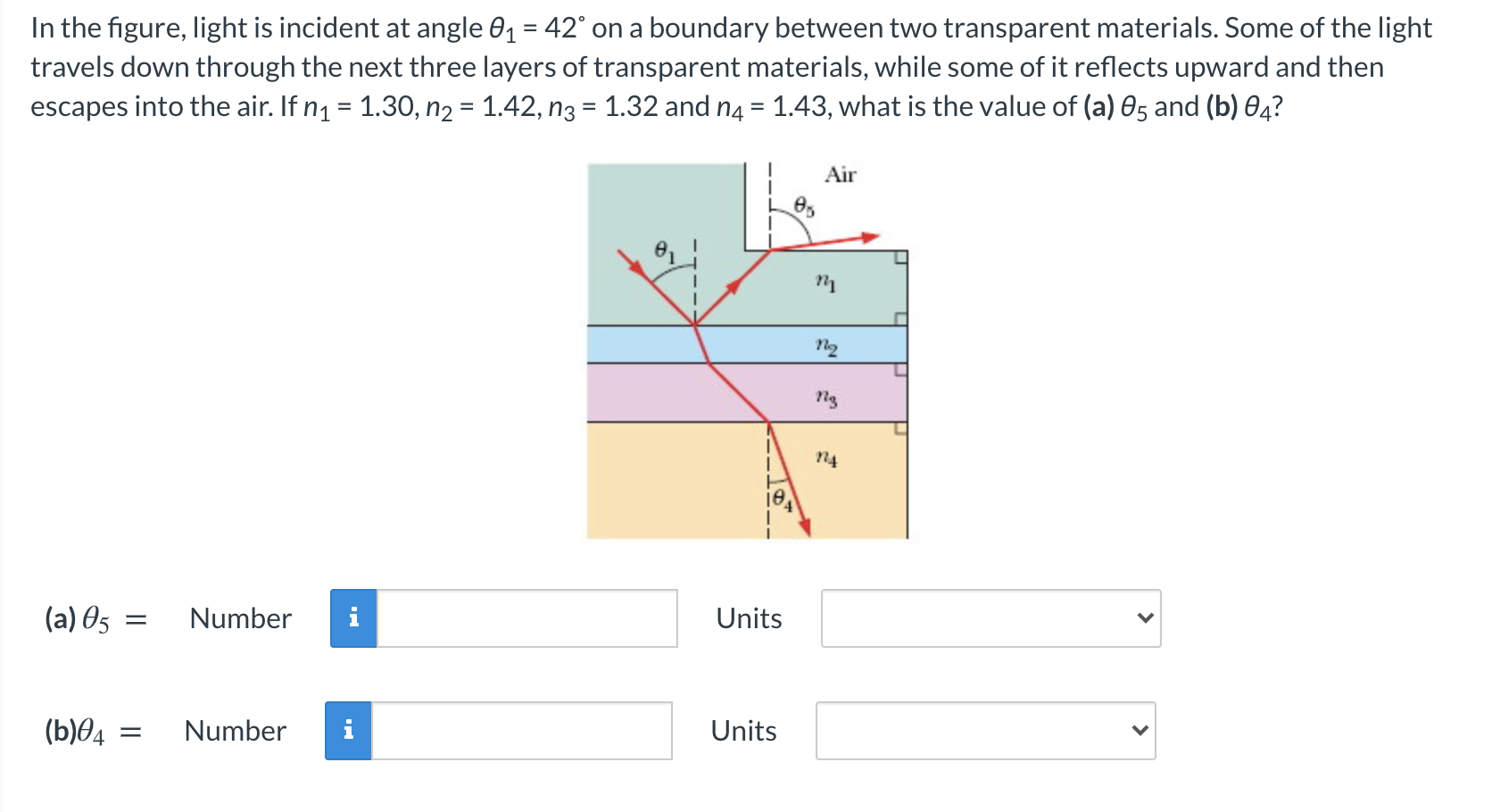 Solved In the figure, light is incident at angle 01 = 42° on | Chegg.com