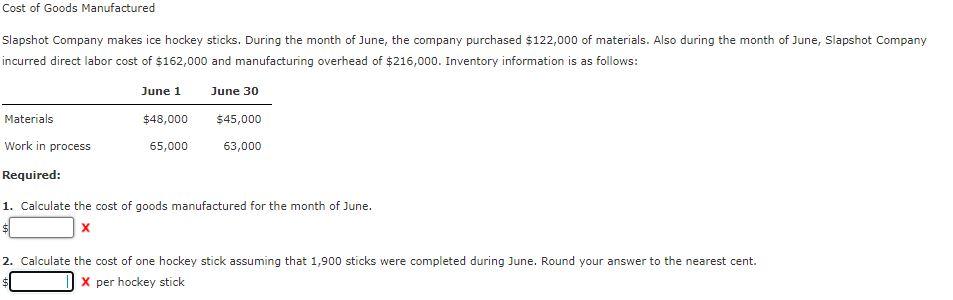Solved Cost of Goods Manufactured Slapshot Company makes ice | Chegg.com