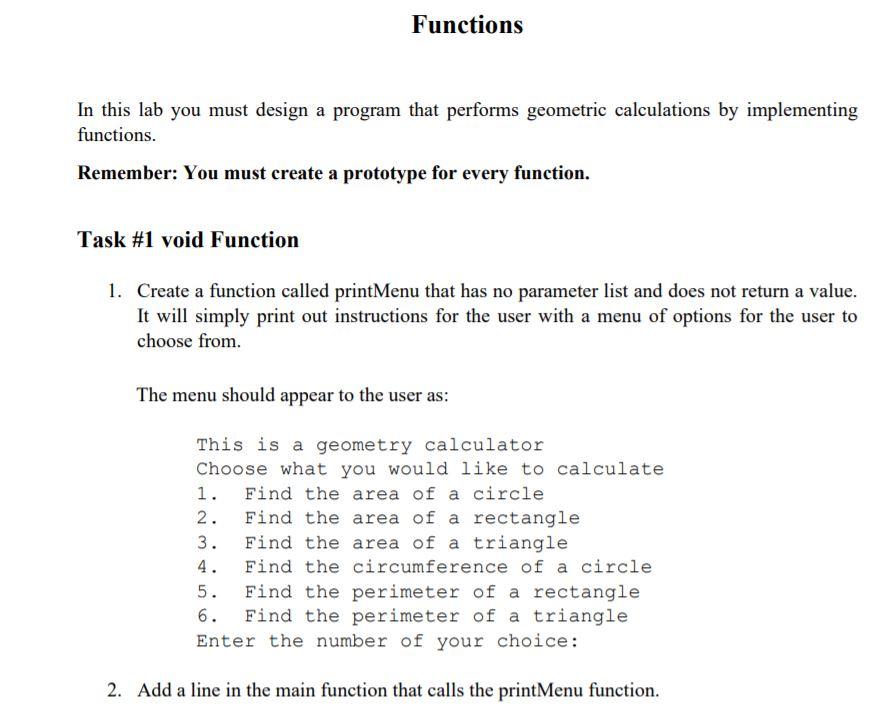 Solved Functions In this lab you must design a program that | Chegg.com