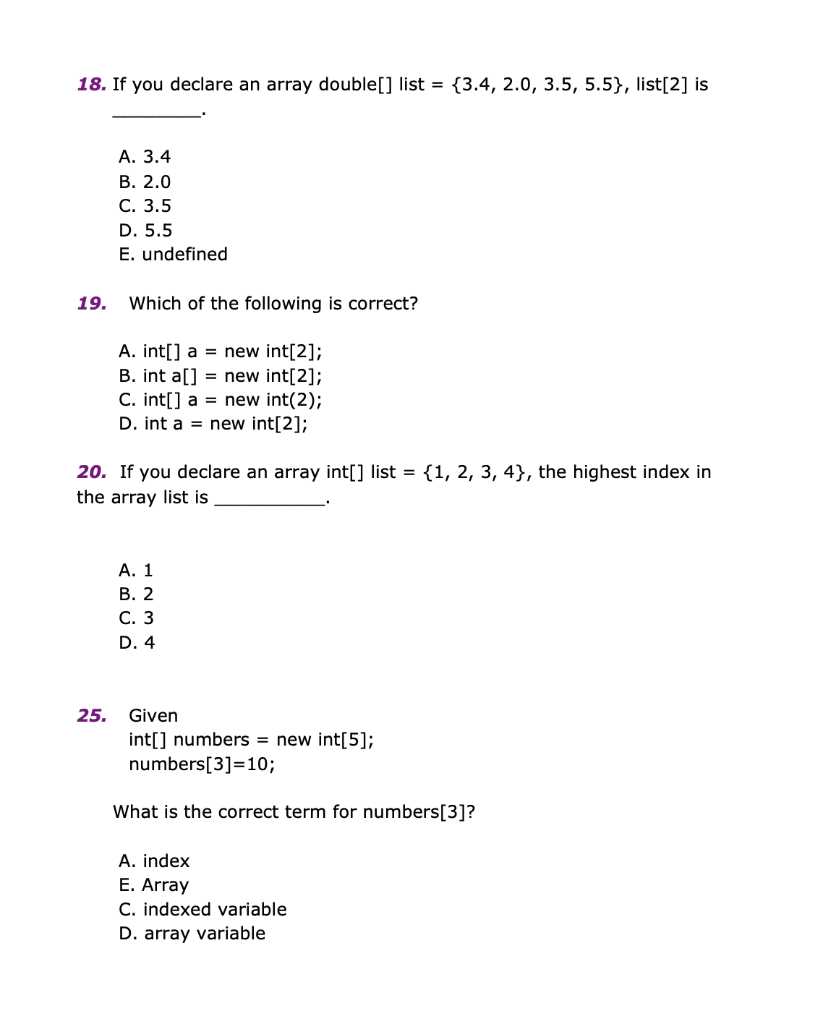 Solved 18. If you declare an array double[] list = {3.4, | Chegg.com