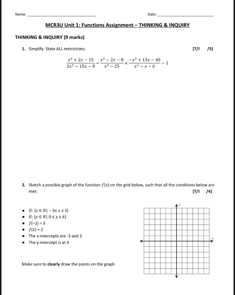 Solved Name: Date: MCR3U Unit 1: Functions Assignment - | Chegg.com