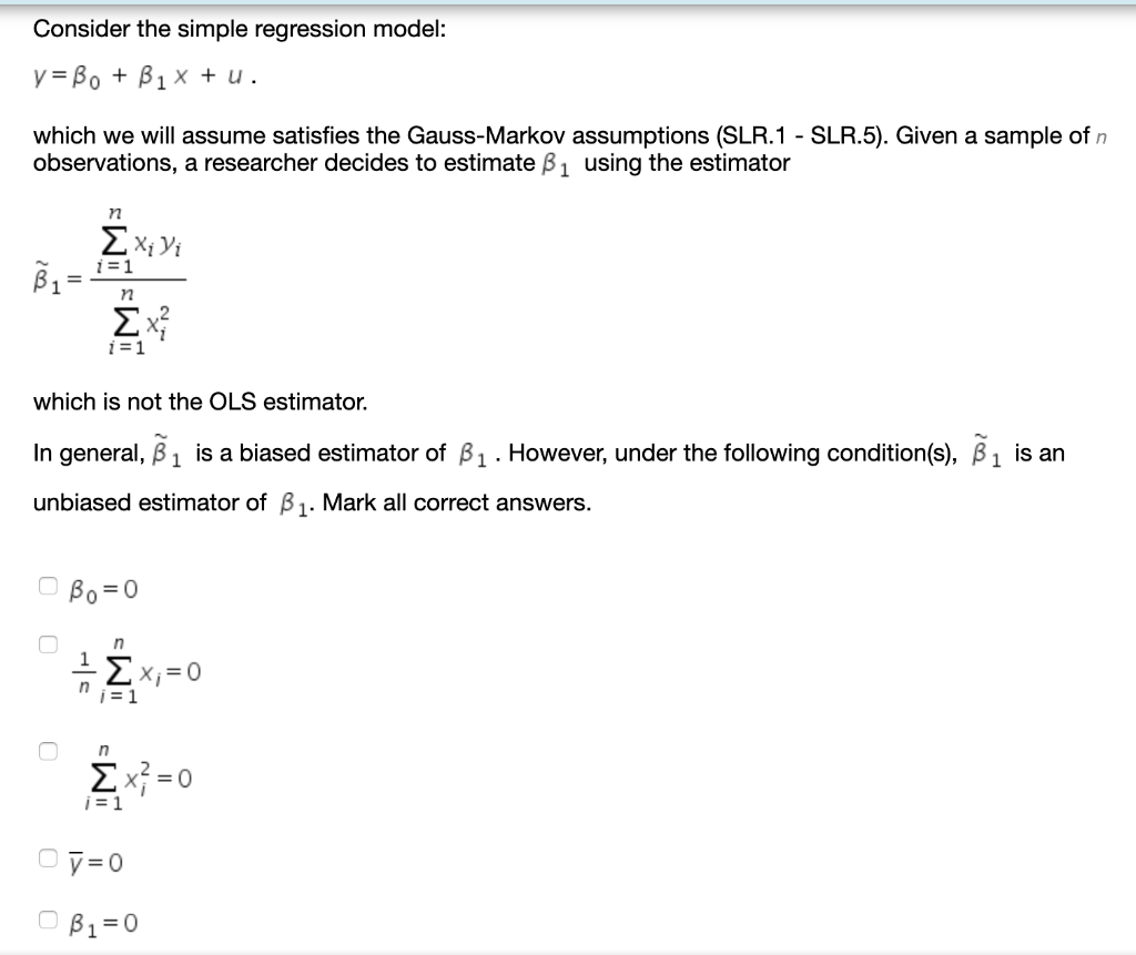 Solved Consider The Simple Regression Model: Y=BO + B 1 X + | Chegg.com