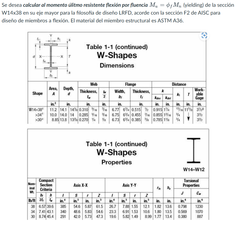 Se desea calcular al momento úlitmo resistente flexión por fluencia \( M_{u}=\phi_{f} M_{n} \) (yielding) de la sección W14x3