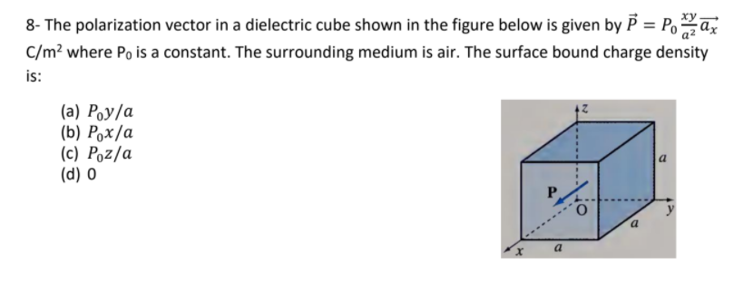 Solved 8- The polarization vector in a dielectric cube shown | Chegg.com