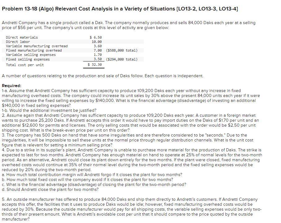 Solved Problem 13-18 (Algo) Relevant Cost Analysis In A | Chegg.com