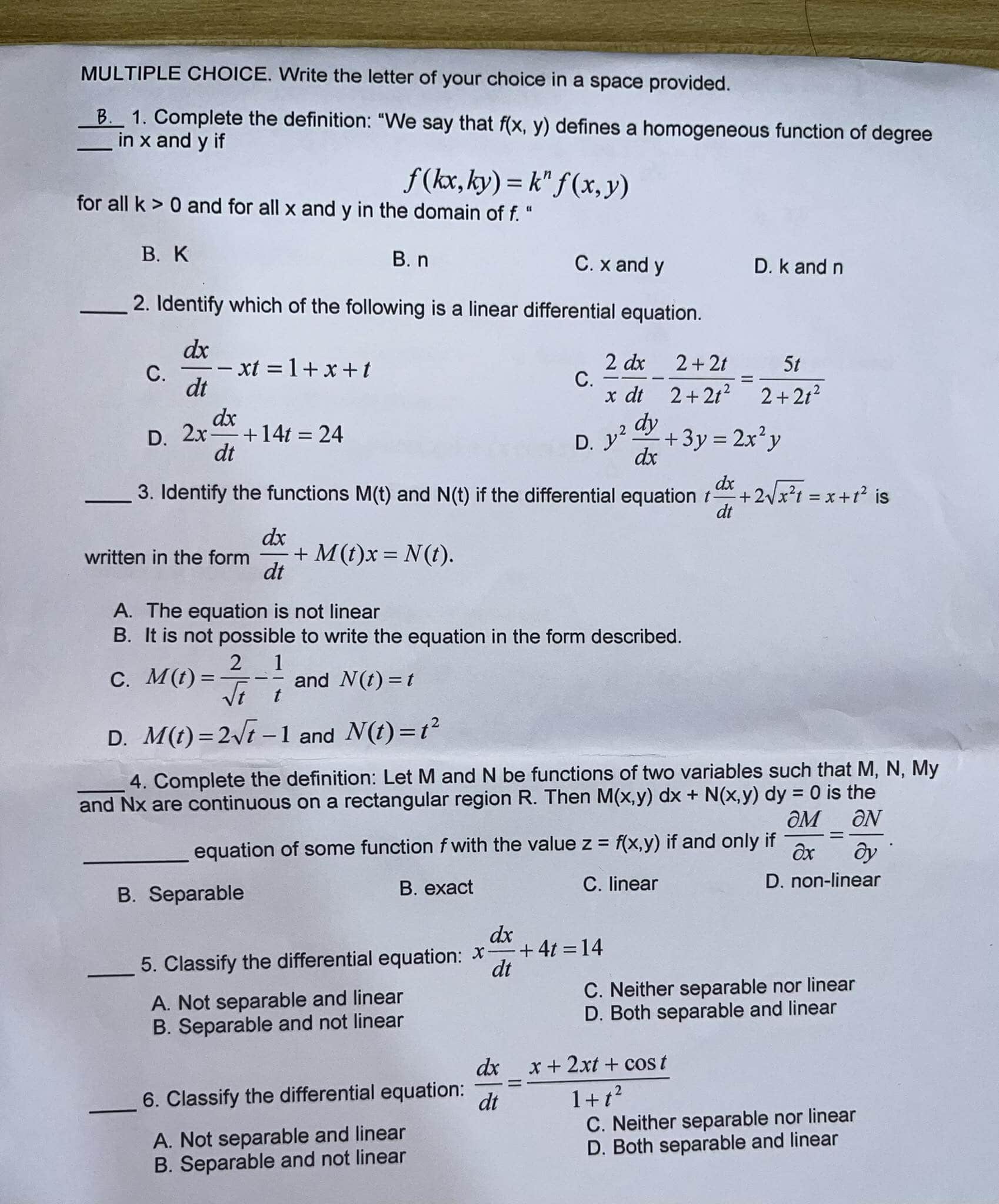 Solved MULTIPLE CHOICE. Write the letter of your choice in a | Chegg.com