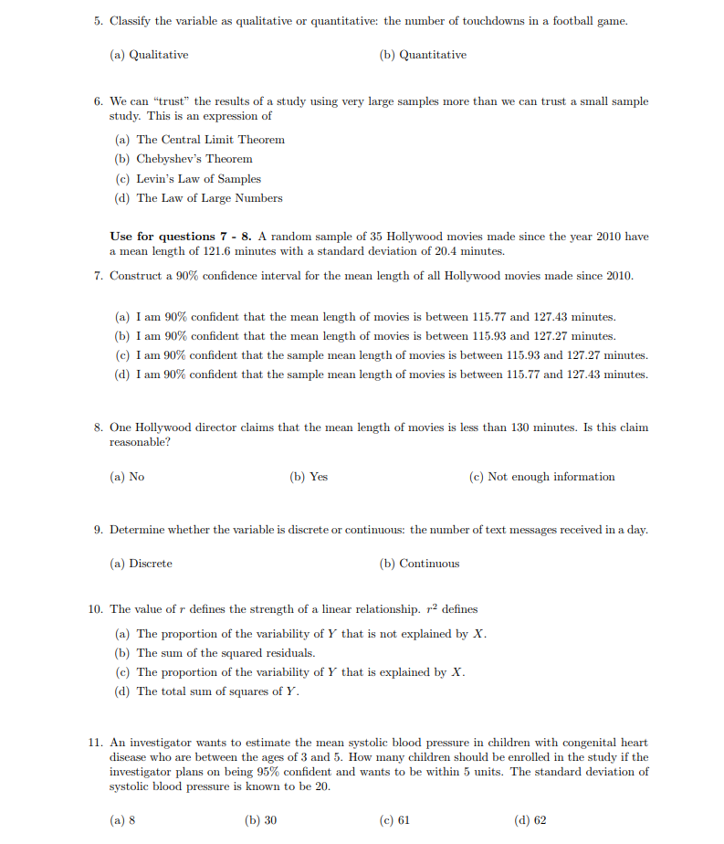 Solved 5. Classify the variable as qualitative or | Chegg.com