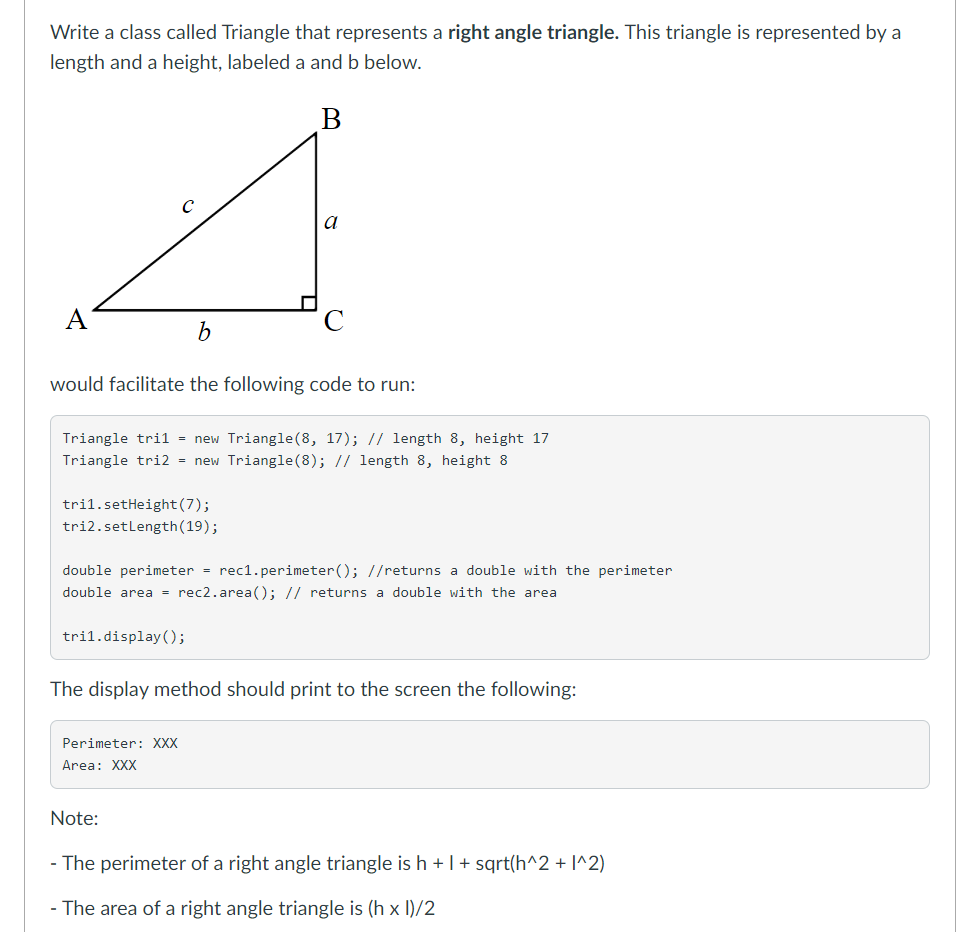 Solved (Java) Write a class called Triangle that | Chegg.com
