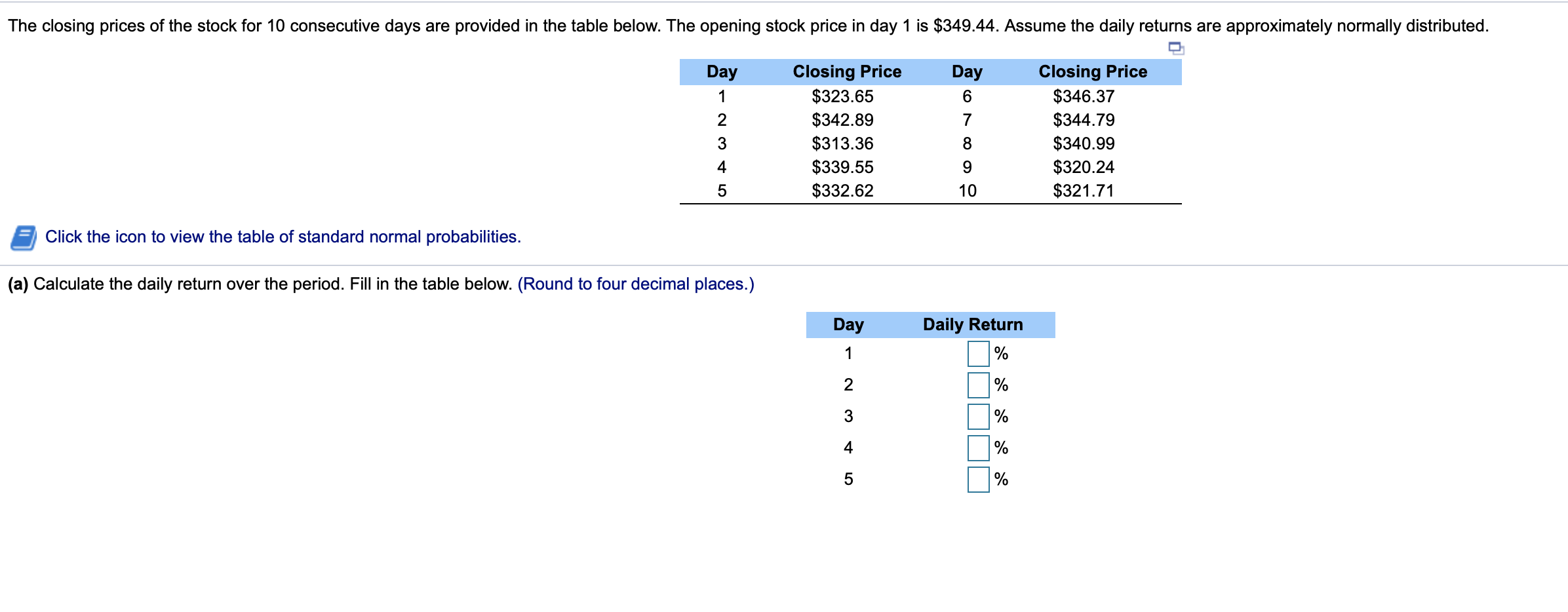 Solved The closing prices of the stock for 10 consecutive | Chegg.com