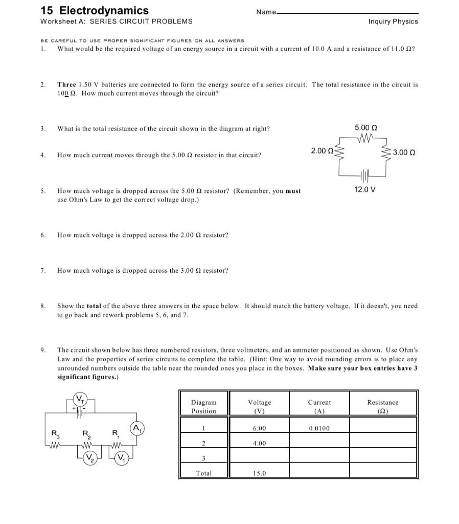 Solved 22 Electrodynamics Worksheet A: SERIES CIRCUIT  Chegg.com Intended For Current Voltage And Resistance Worksheet