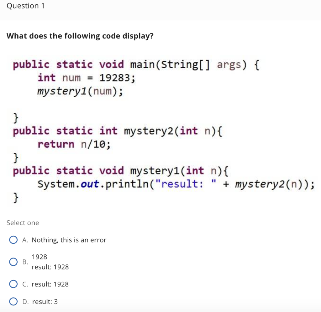 Solved What does the following code display? public static | Chegg.com