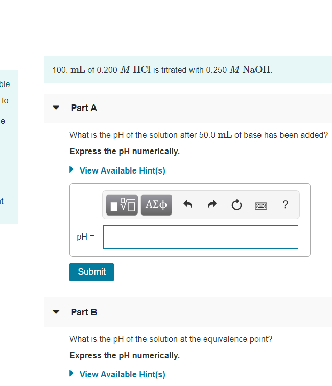 Solved 100. mL of 0.200 M HCl is titrated with 0.250 M NaOH | Chegg.com