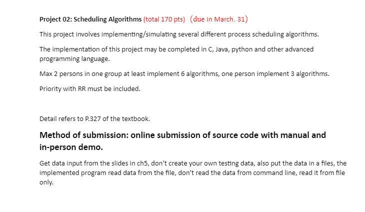Solved Project 02: Scheduling Algorithms (total 170 pts) | Chegg.com