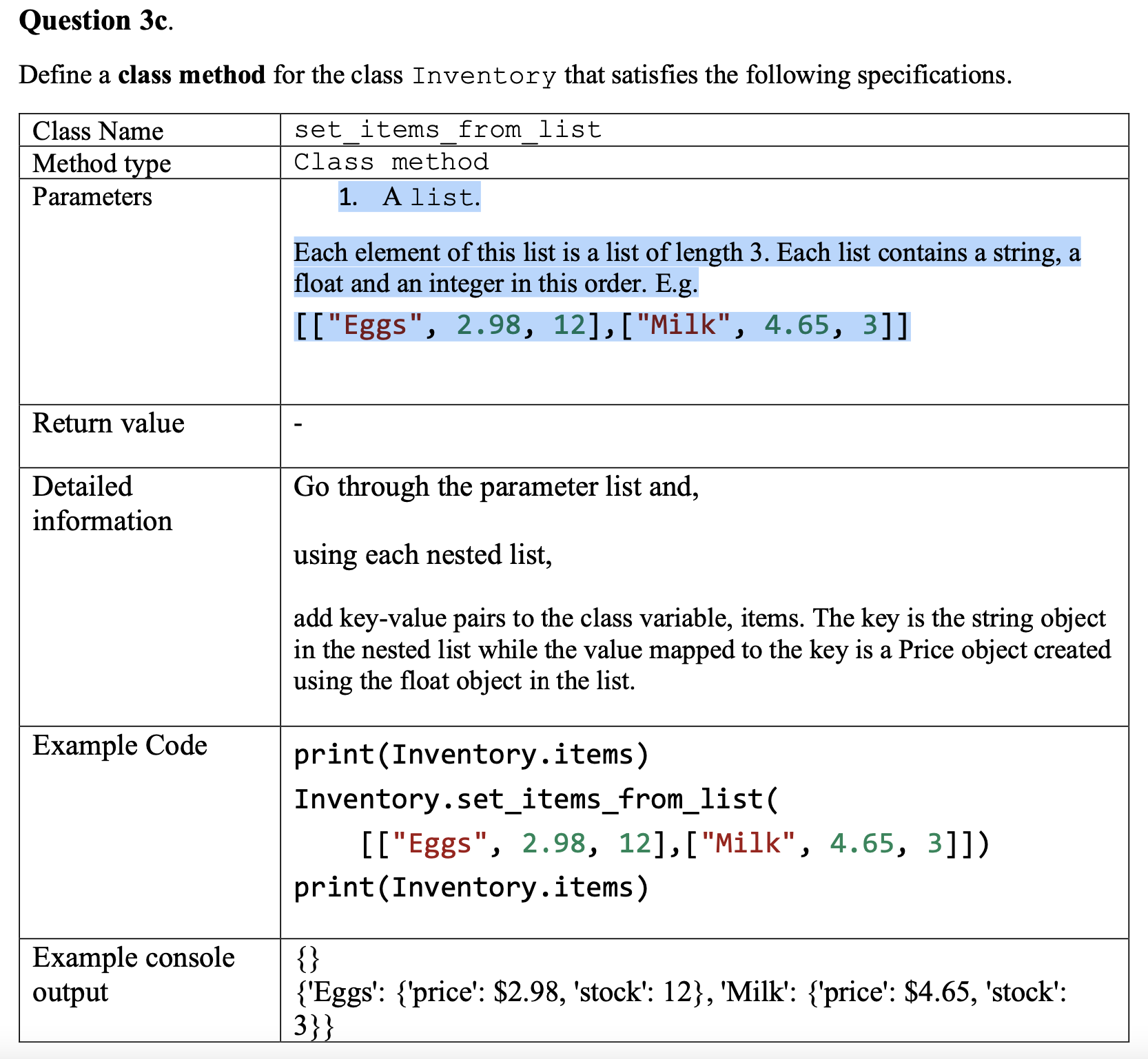 Question 3c. Define a class method for the class | Chegg.com