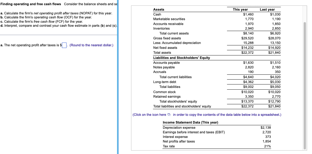 Solved Finding operating and free cash flows Consider the | Chegg.com