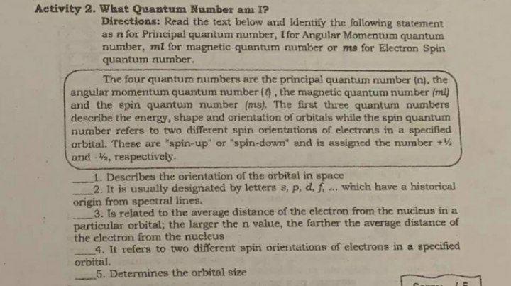 Solved Activity 2. What Quantum Number am I? Directions: | Chegg.com