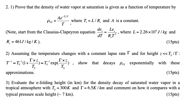 2. 1) Prove that the density of water vapor at | Chegg.com