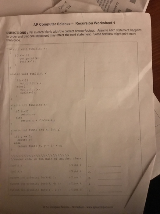 solved ap computer science recursion worksheet 1 direct cheggcom