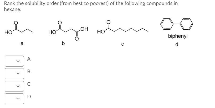 Solved Rank the solubility order (from best to poorest) of | Chegg.com