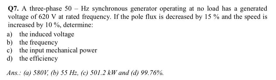 Solved Q7. A three-phase 50 - Hz synchronous generator | Chegg.com