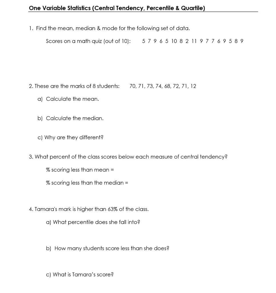 Solved One Variable Statistics (Central Tendency, Percentile | Chegg.com