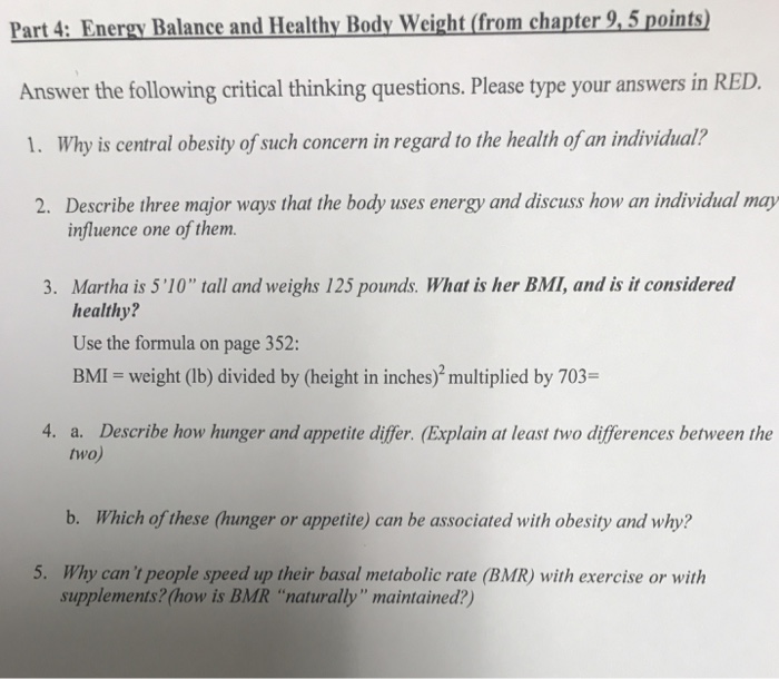 Solved Part 4: Energy Balance And Healthy Body Weight (from | Chegg.com