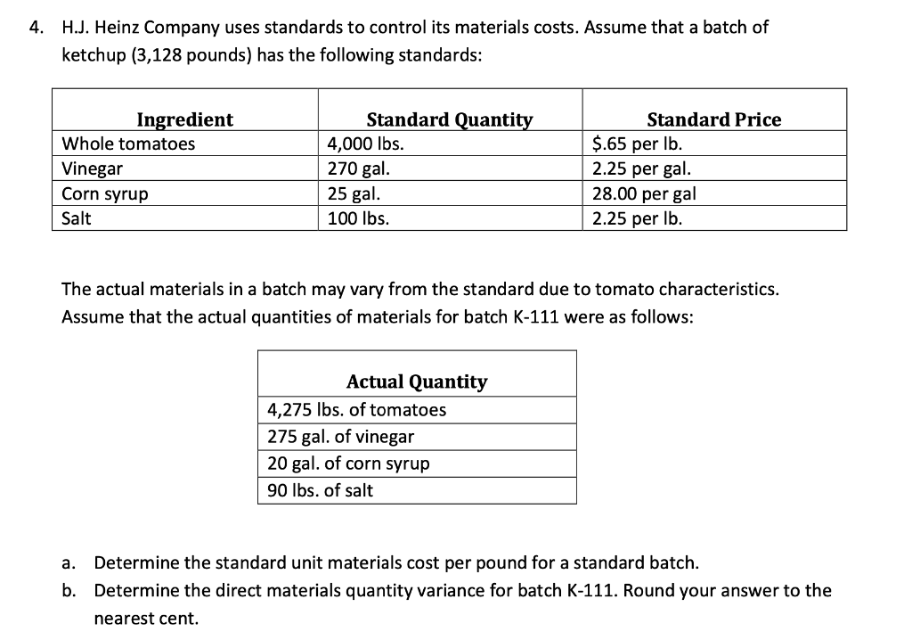 Solved 4. H.J. Heinz Company uses standards to control its