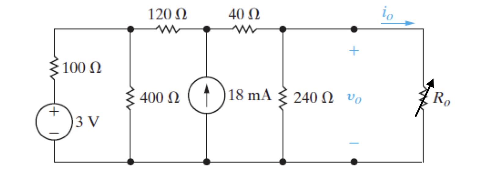 Solved 40 Ω io 120 Ω W + 100 Ω W W 4002 (1 18 mA 240 Ω υο R, | Chegg.com