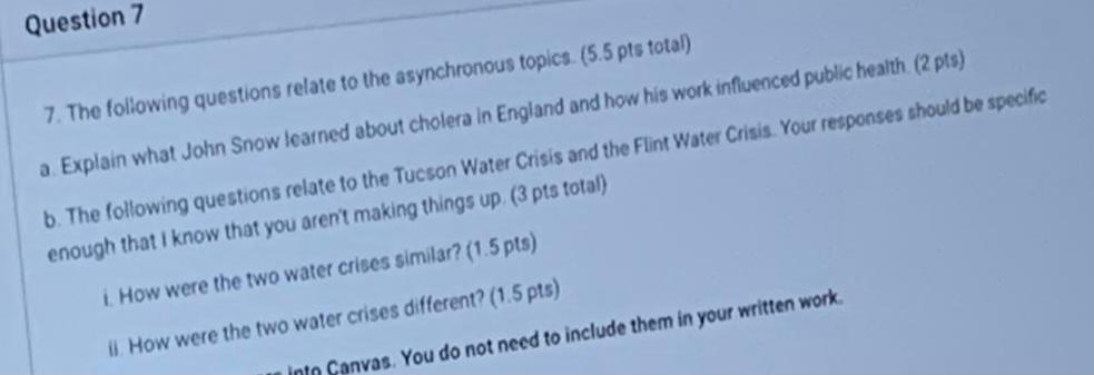 Question 7 7. The following questions relate to the asynchronous topics. (5.5 pts total) a Explain what John Snow learned abo